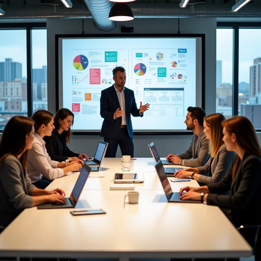 Salle de réunion moderne avec portails de gestion des affaires.